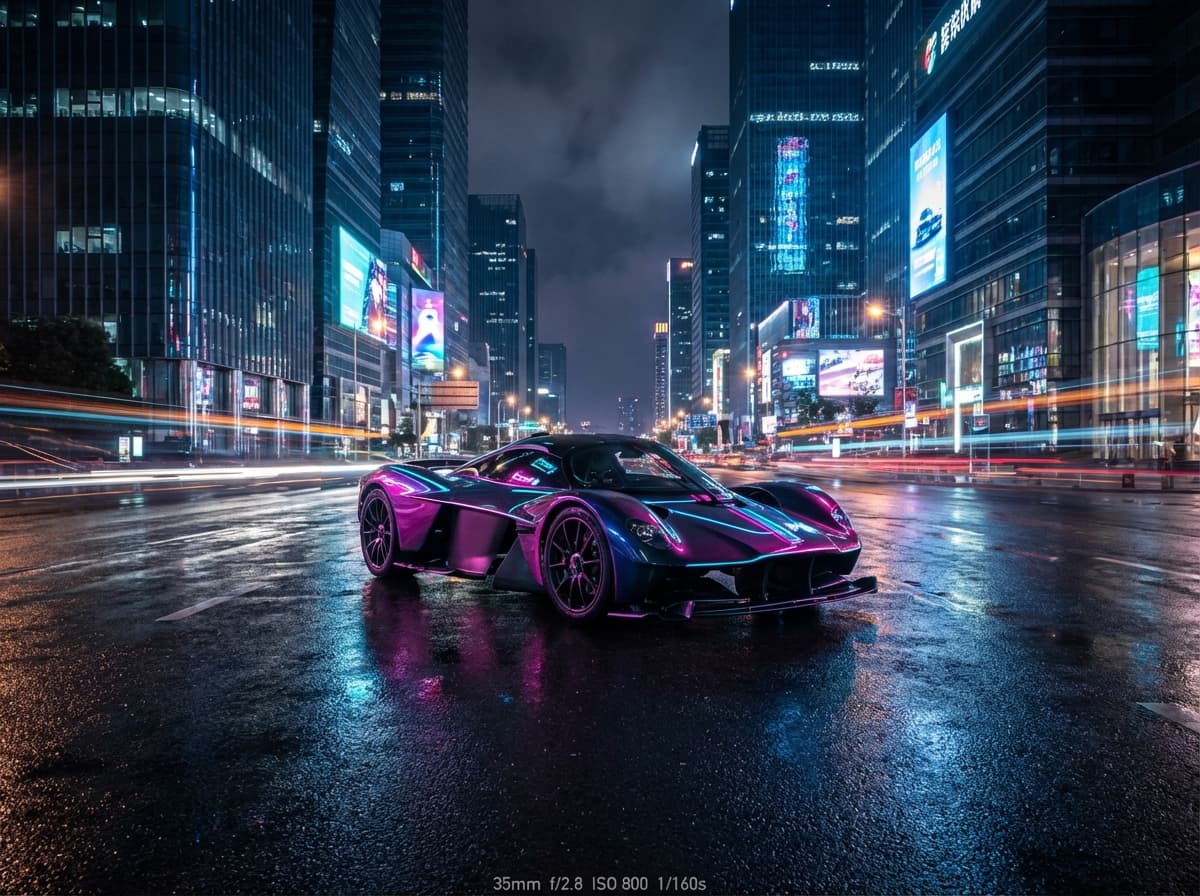 Electric hypercar in neon cityscape at night with vibrant neon lights reflecting on futuristic car bodywork and glowing urban environment showcasing 2026 automotive photography trends
