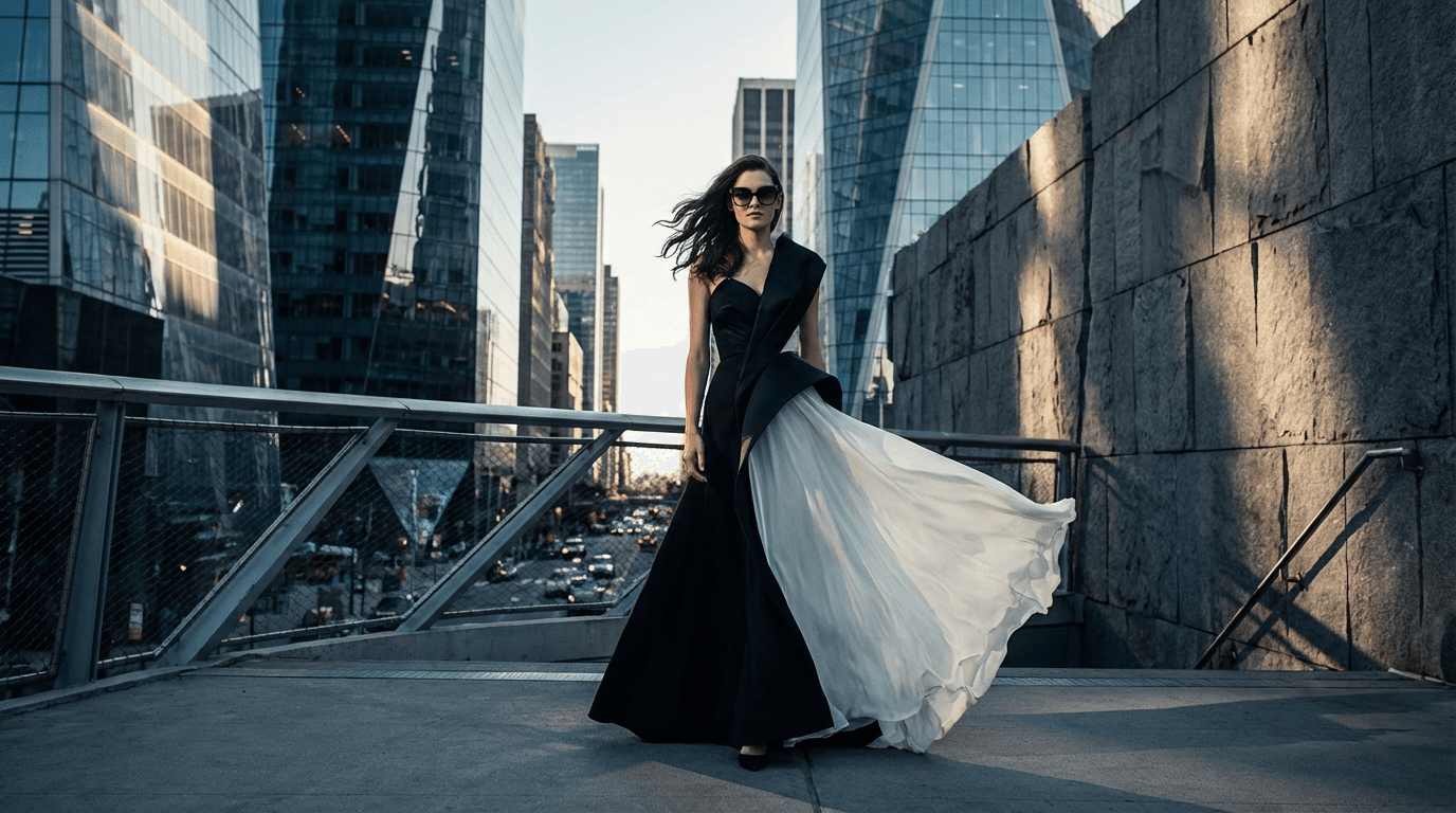 High-fashion couture model posing in an urban cityscape, luxury fashion editorial blending modern architecture with designer style.