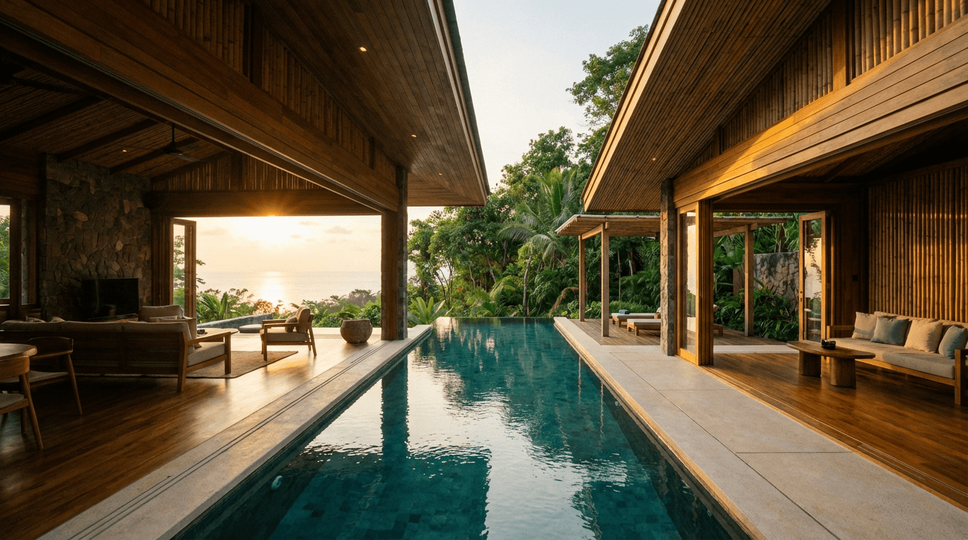 Private luxury villa with infinity pool surrounded by lush tropical landscaping, seamless indoor-outdoor living, and serene retreat atmosphere.