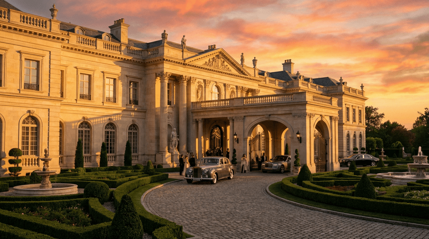 Grand luxury mansion entrance illuminated at sunset, featuring elegant architecture, landscaped grounds, and prestigious real estate appeal.