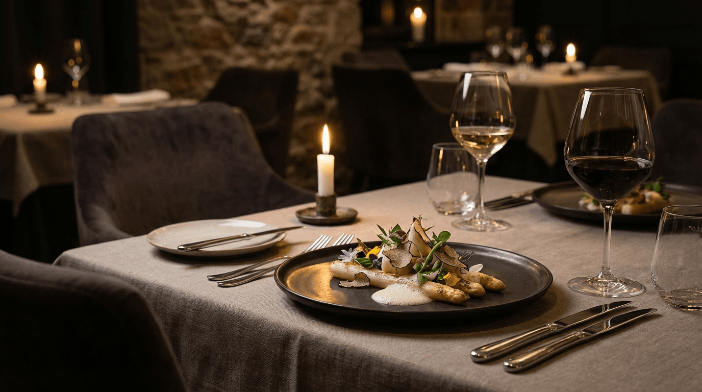 Michelin-star fine dining experience with artistically plated gourmet cuisine, crystal glassware, and elegant candlelit restaurant setting.
