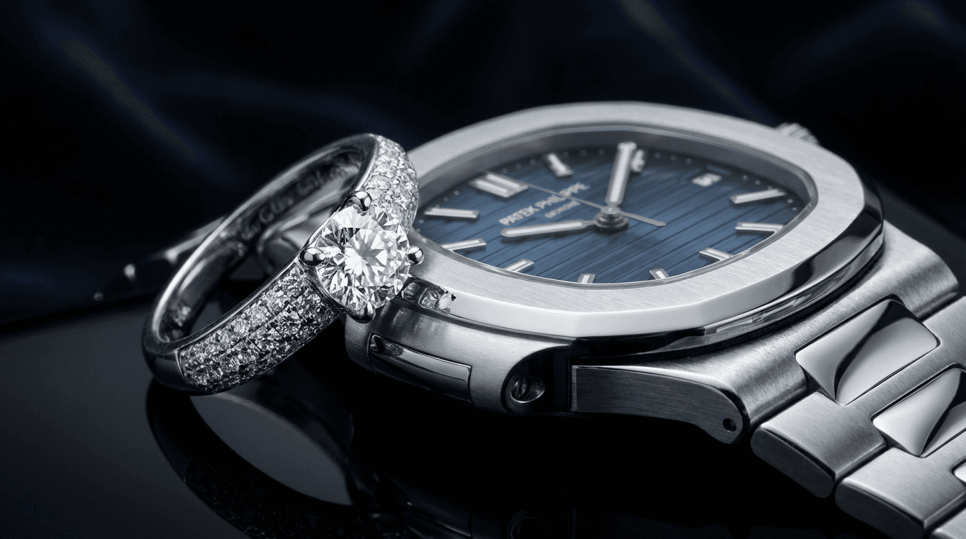 Van Cleef & Arpels diamond ring paired with a Patek Philippe Nautilus watch in a macro luxury jewelry and timepiece close-up.