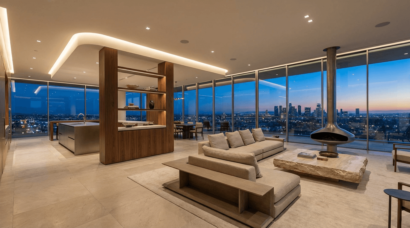 Luxury minimalist penthouse interior with floor-to-ceiling glass walls, open-plan living space, premium finishes, and panoramic city skyline views at sunset.