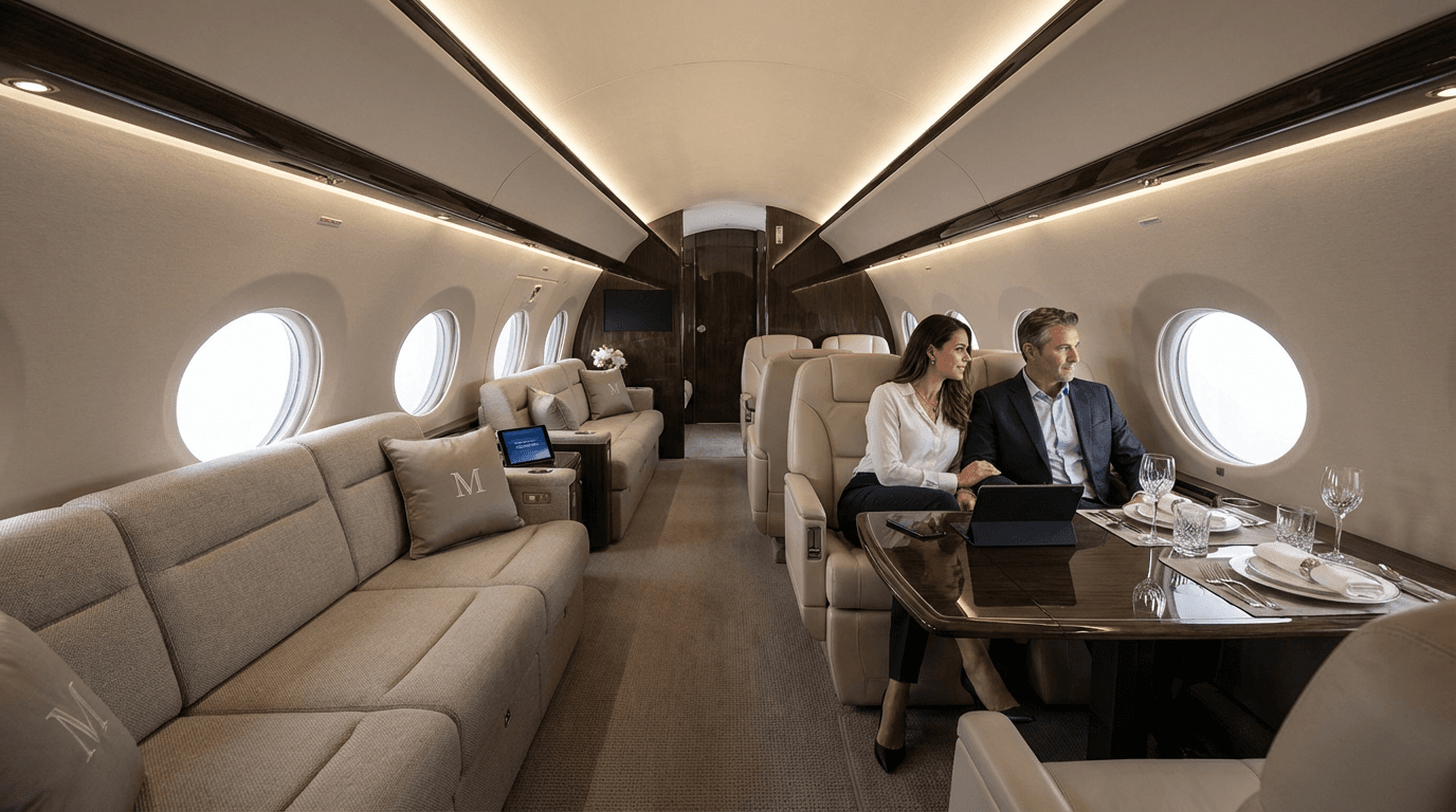 Luxury private jet interior featuring plush leather seating, bespoke cabin design, and personalized amenities for elite air travel.