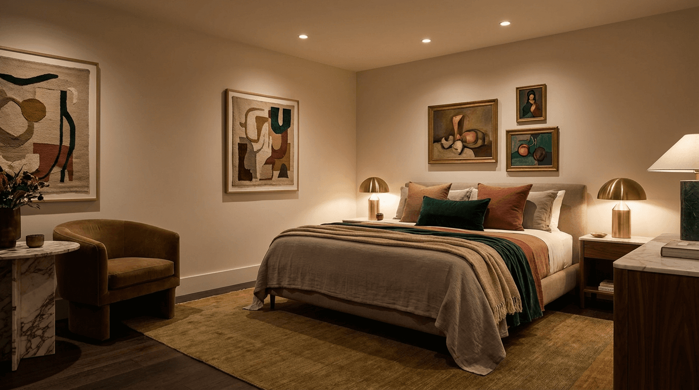 Luxury boutique hotel suite featuring plush bedding, designer furniture, curated artwork, and warm ambient lighting for upscale hospitality.