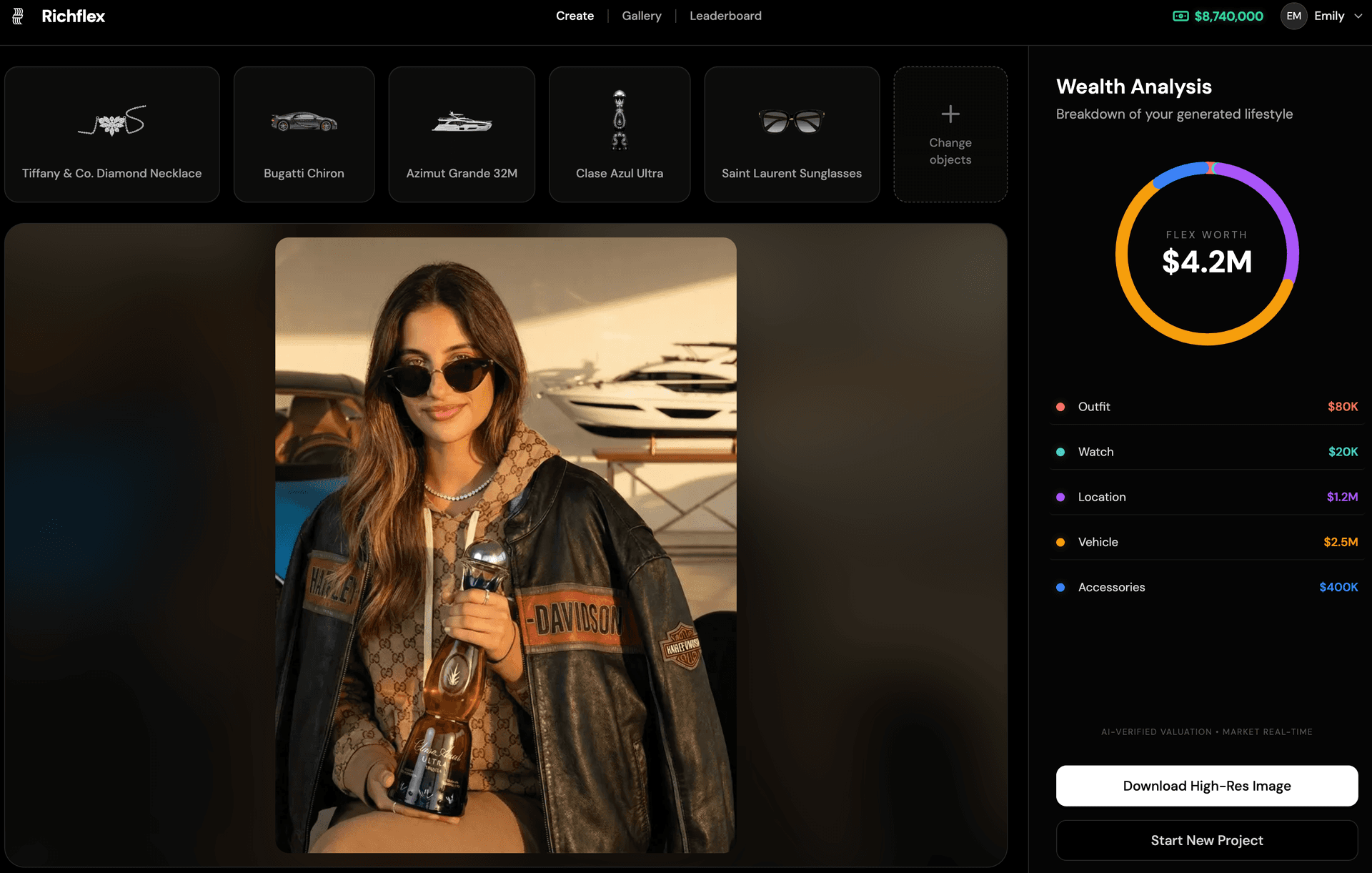 Richflex dashboard — AI luxury photo generator interface