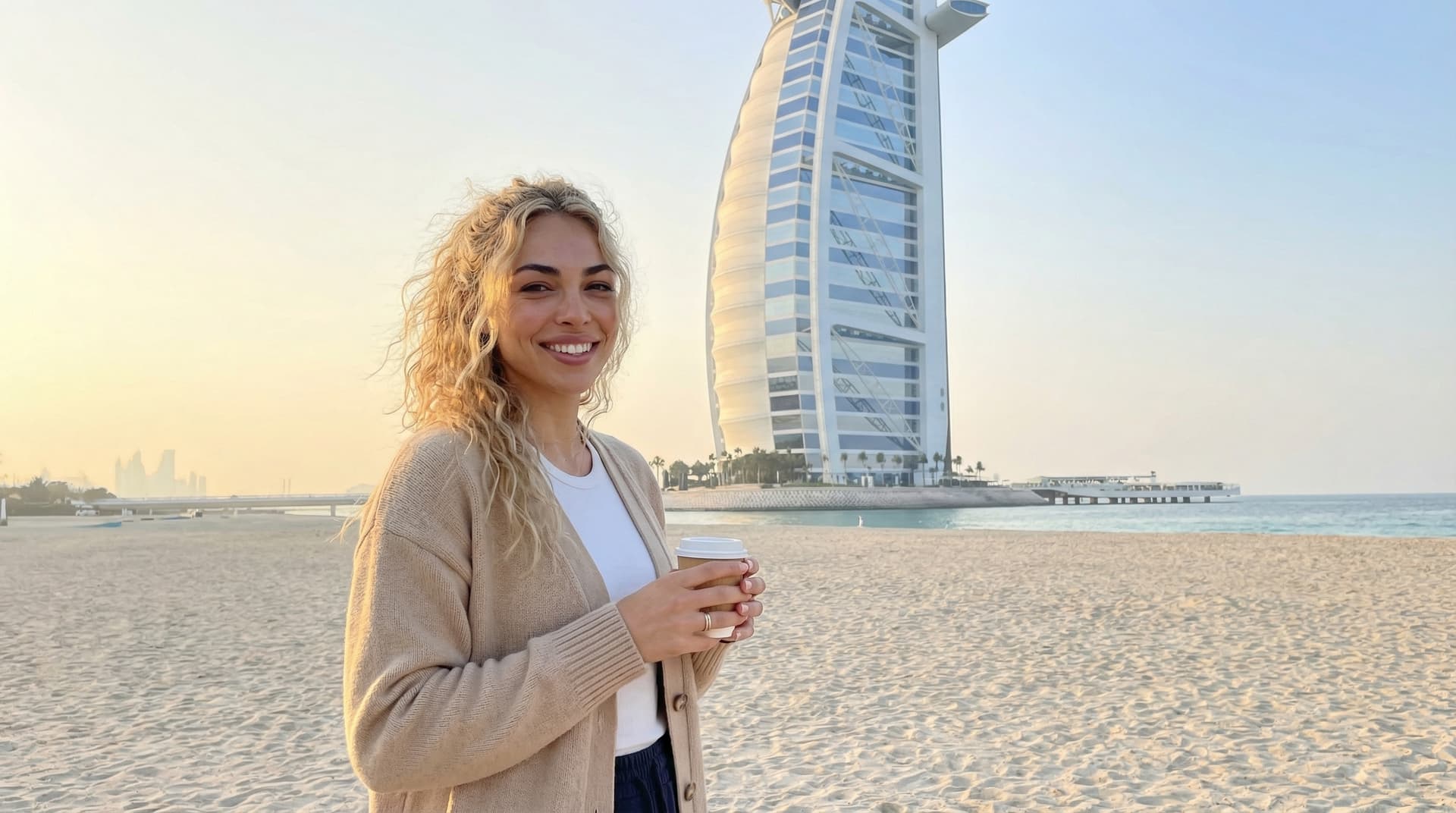 Burj Al Arab sail-shaped luxury hotel at dawn with soft morning light, pastel skies, tranquil seas, gentle water reflections, and iconic architecture on artificial island 280 meters from Jumeirah Beach