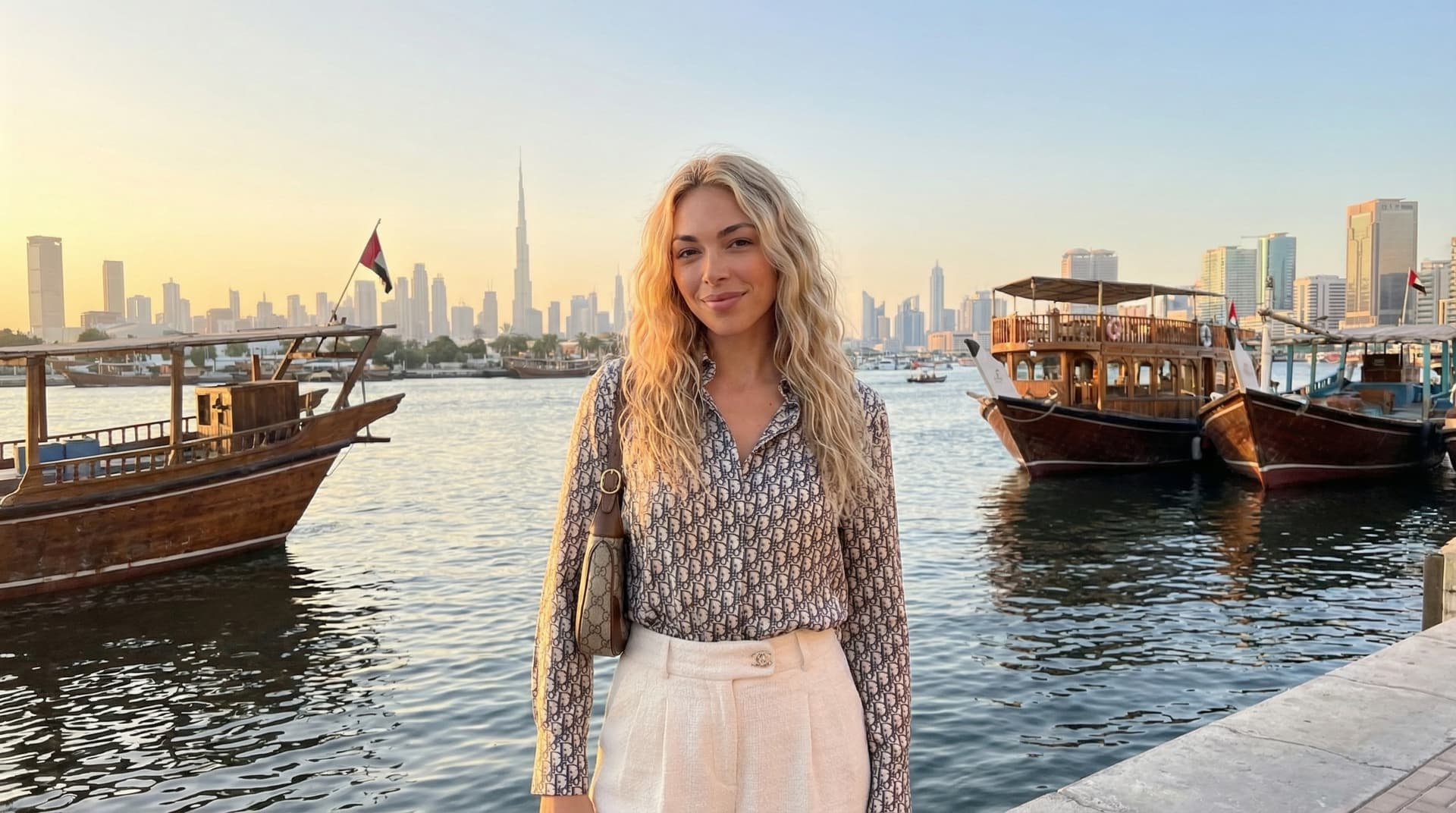 Dubai Creek skyline at sunset showing traditional abras, historic 14km waterway, modern glass towers creating silhouette, Al Seef district panoramic view, and blend of heritage wooden boats with contemporary architecture