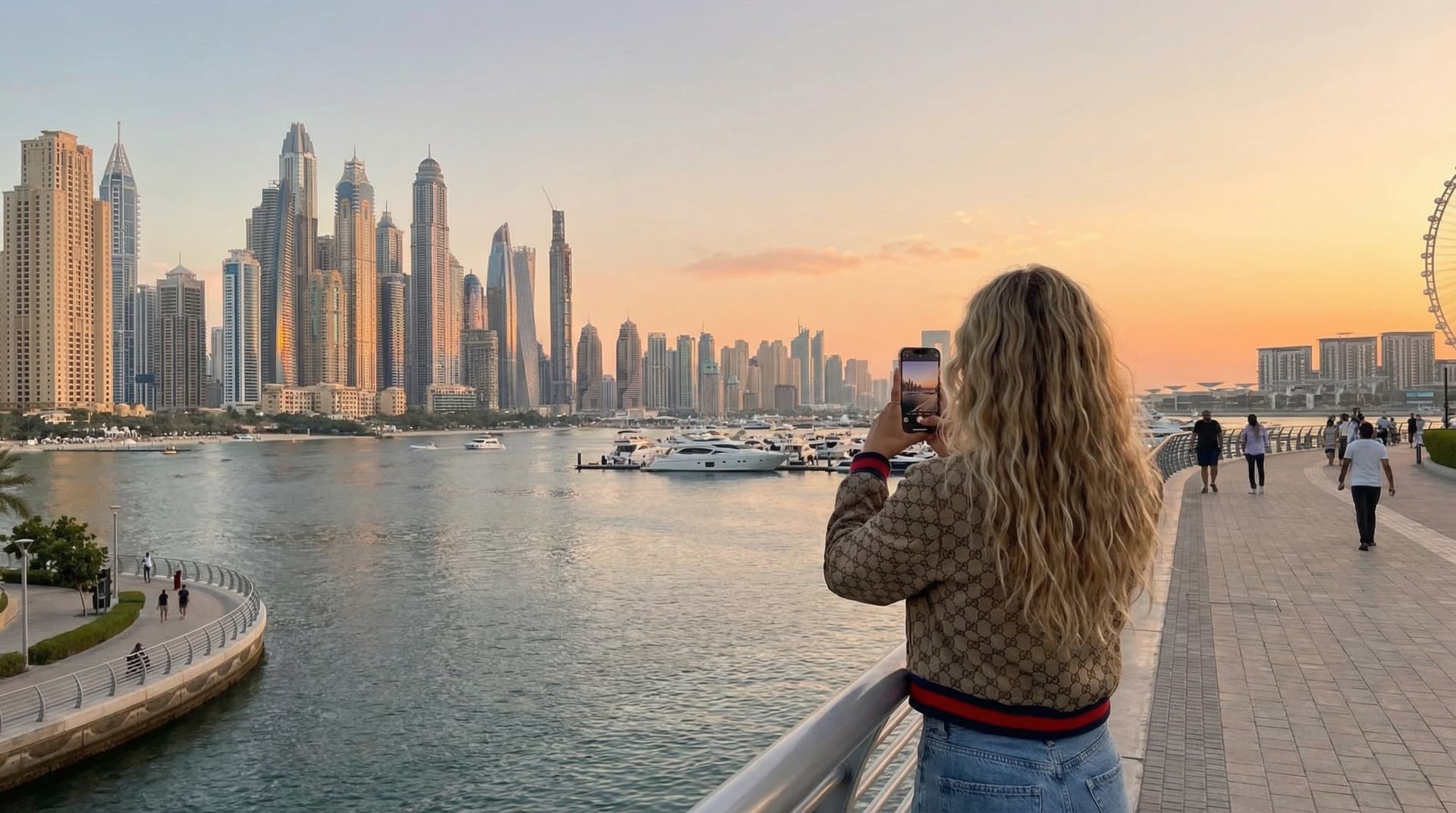 Panoramic aerial view of Dubai Marina showing 3km man-made canal, luxury residential towers rising along waterfront, yachts, cafes, and sparkling blue waters with seamless integration of nature and urban design
