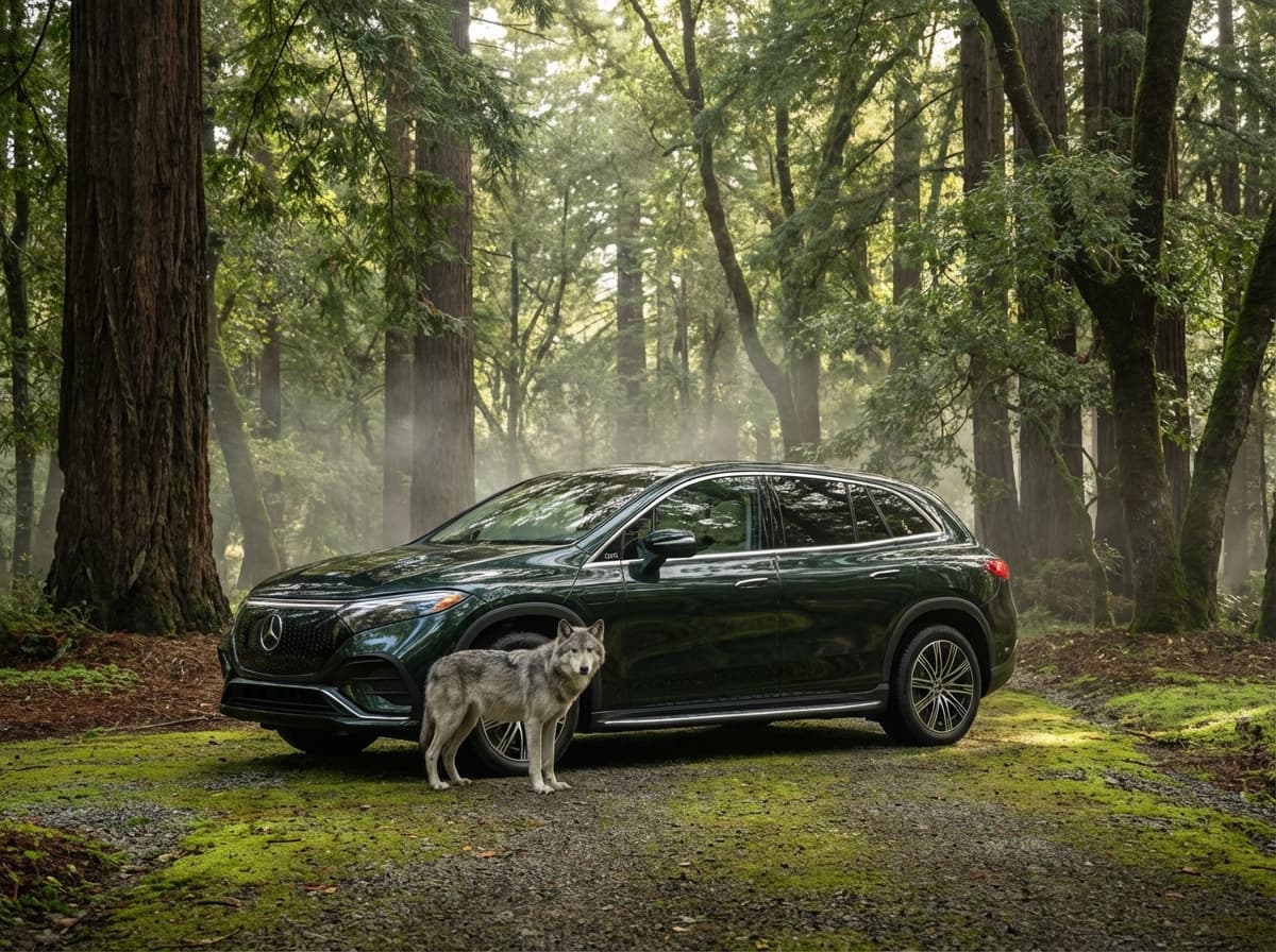 Eco-friendly Mercedes EQG electric SUV in lush green natural environment with sunlight filtering through trees showcasing sustainable automotive photography
