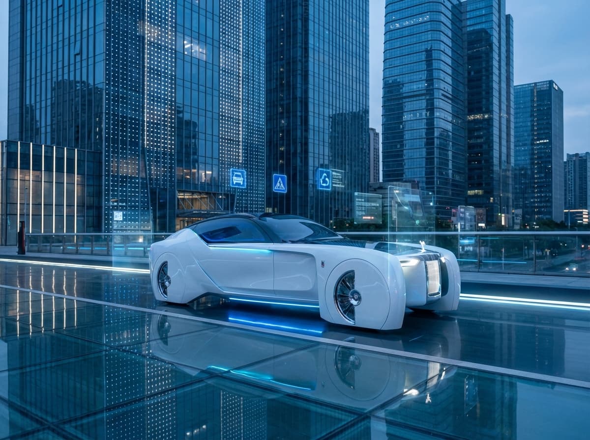 Electric Rolls-Royce autonomous car in futuristic smart city with advanced technology infrastructure and modern urban design showcasing next-generation mobility