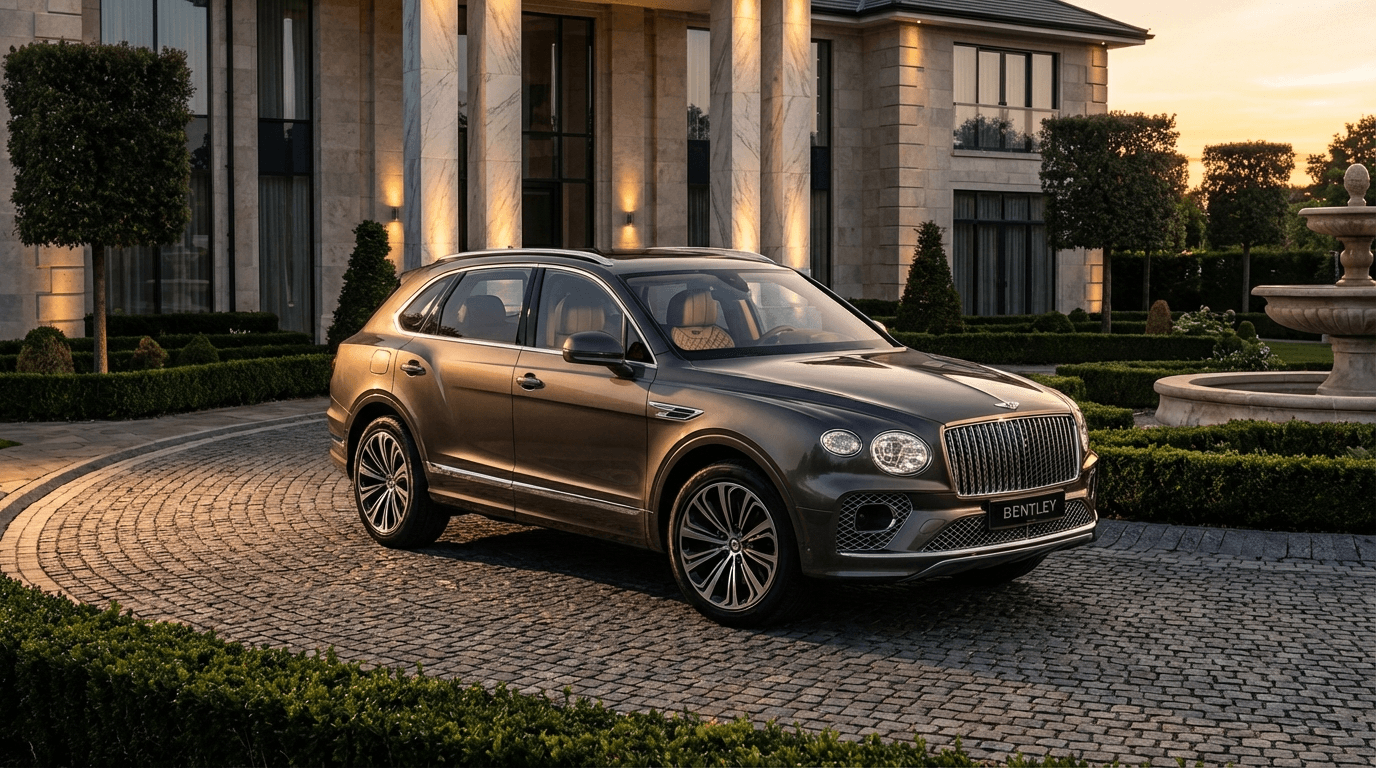 Bentley Bentayga luxury SUV parked in the driveway of an opulent modern mansion, showcasing elite automotive design and wealth lifestyle.