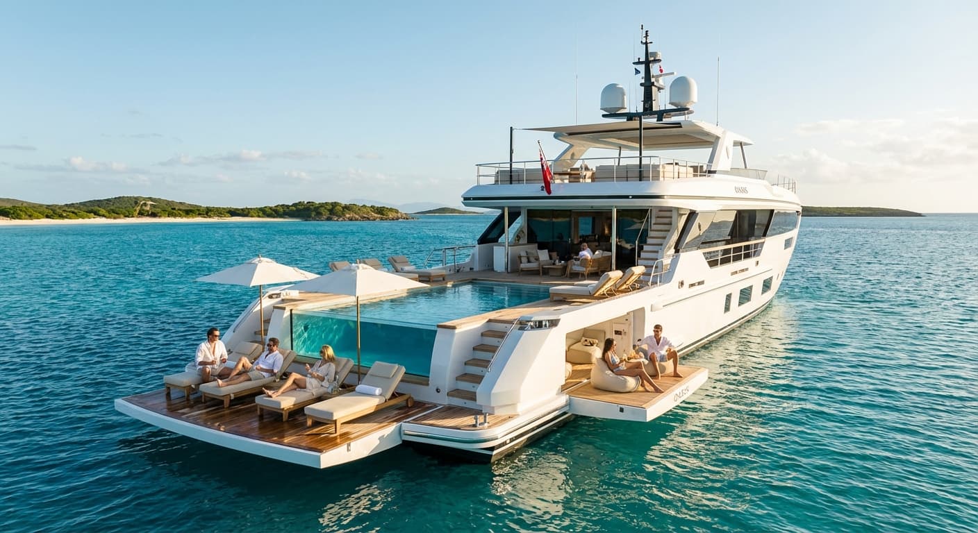 Benetti Oasis 40M charter yacht with beach club and infinity pool showcasing flexible open-air lounges and accessible luxury for charter guests