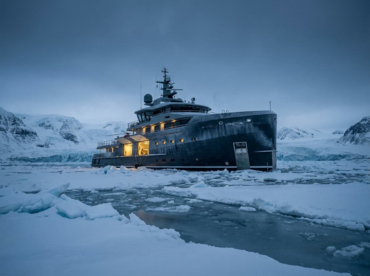 Damen SeaXplorer 77 explorer yacht with ice-class hull anchored in Arctic waters showcasing expedition-ready design and adventure capabilities