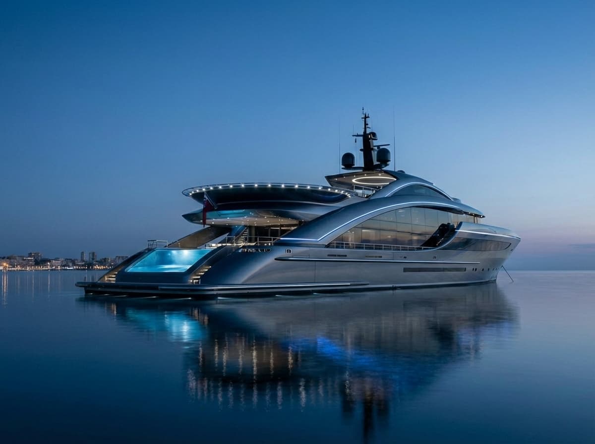 Oceanco Project KAIROS futuristic superyacht with illuminated hull and deck showcasing cutting-edge design and AI-powered luxury features at night