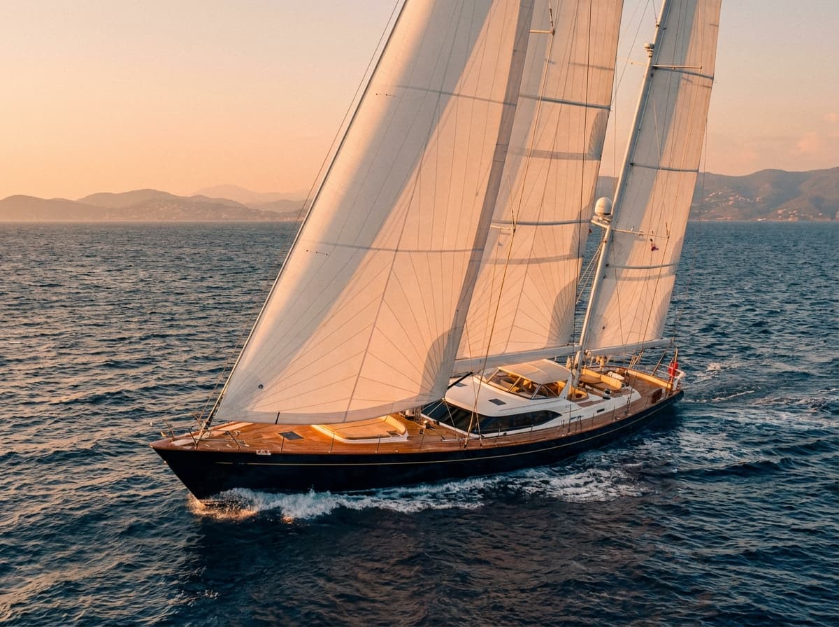 Perini Navi 60M classic sailing yacht with expansive sails and teak decks racing across the Mediterranean Sea showcasing traditional elegance