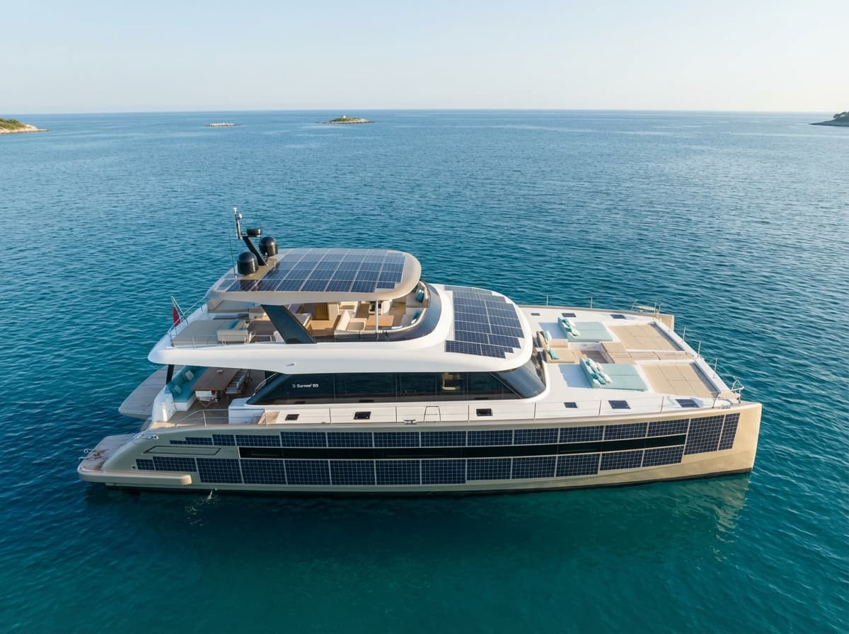 Sunreef 80 Eco solar-powered luxury yacht with sustainable design and eco-friendly technology gliding across crystal-clear waters